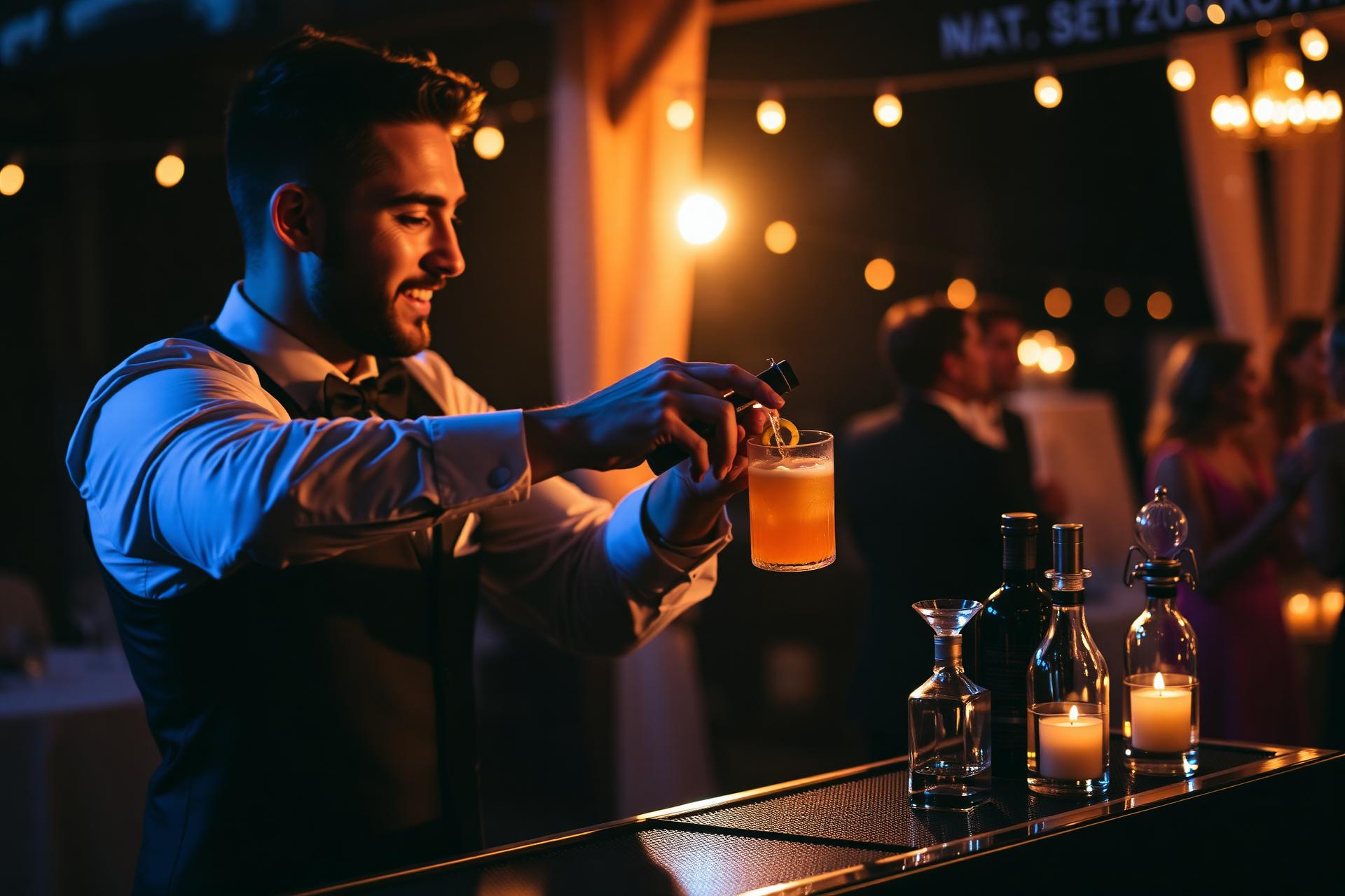 Professional mobile bartender pouring a craft cocktail at a Western New York wedding